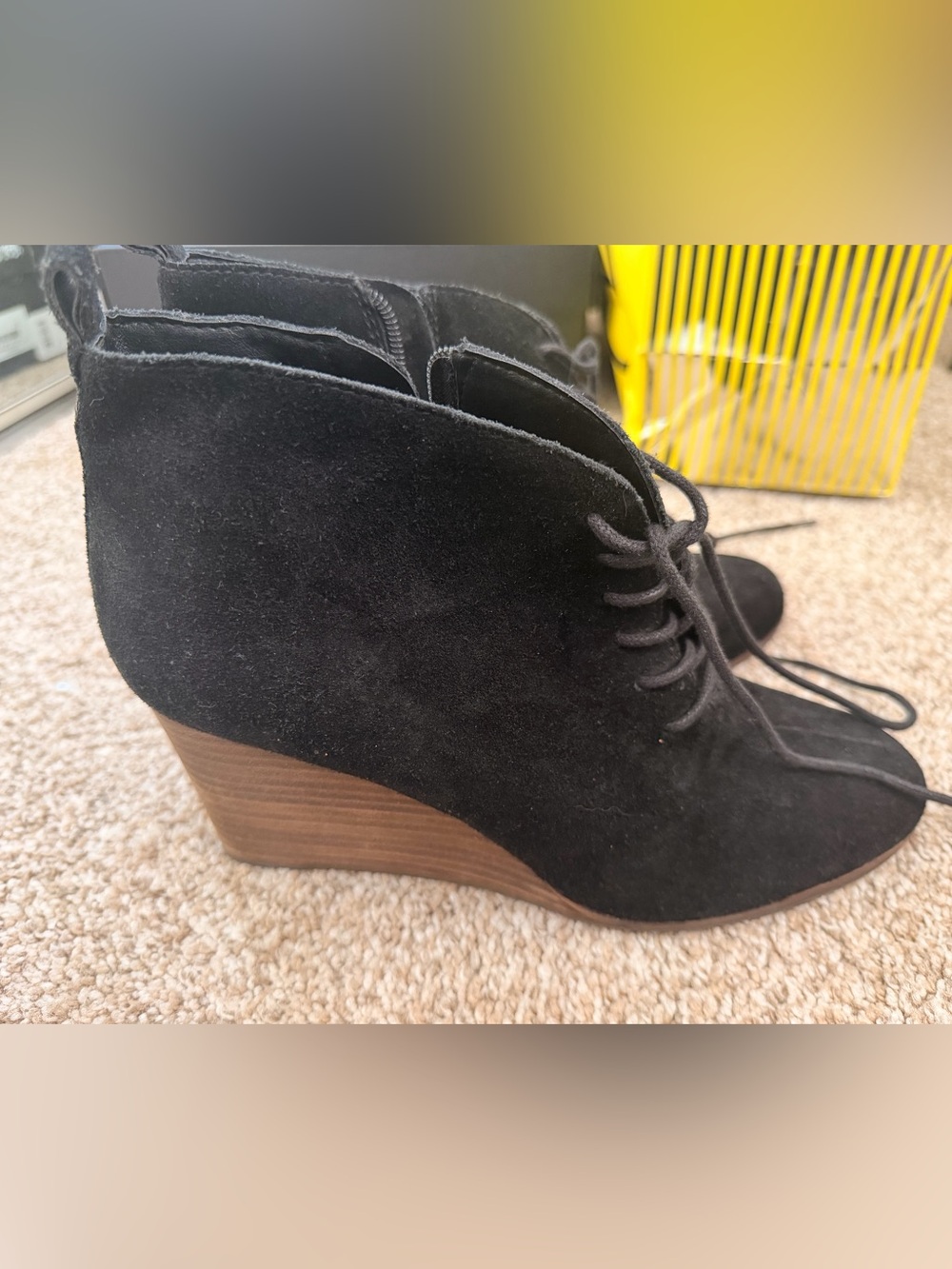 Lucky Brand Black Suede Lace-Up Wedge Ankle Booties